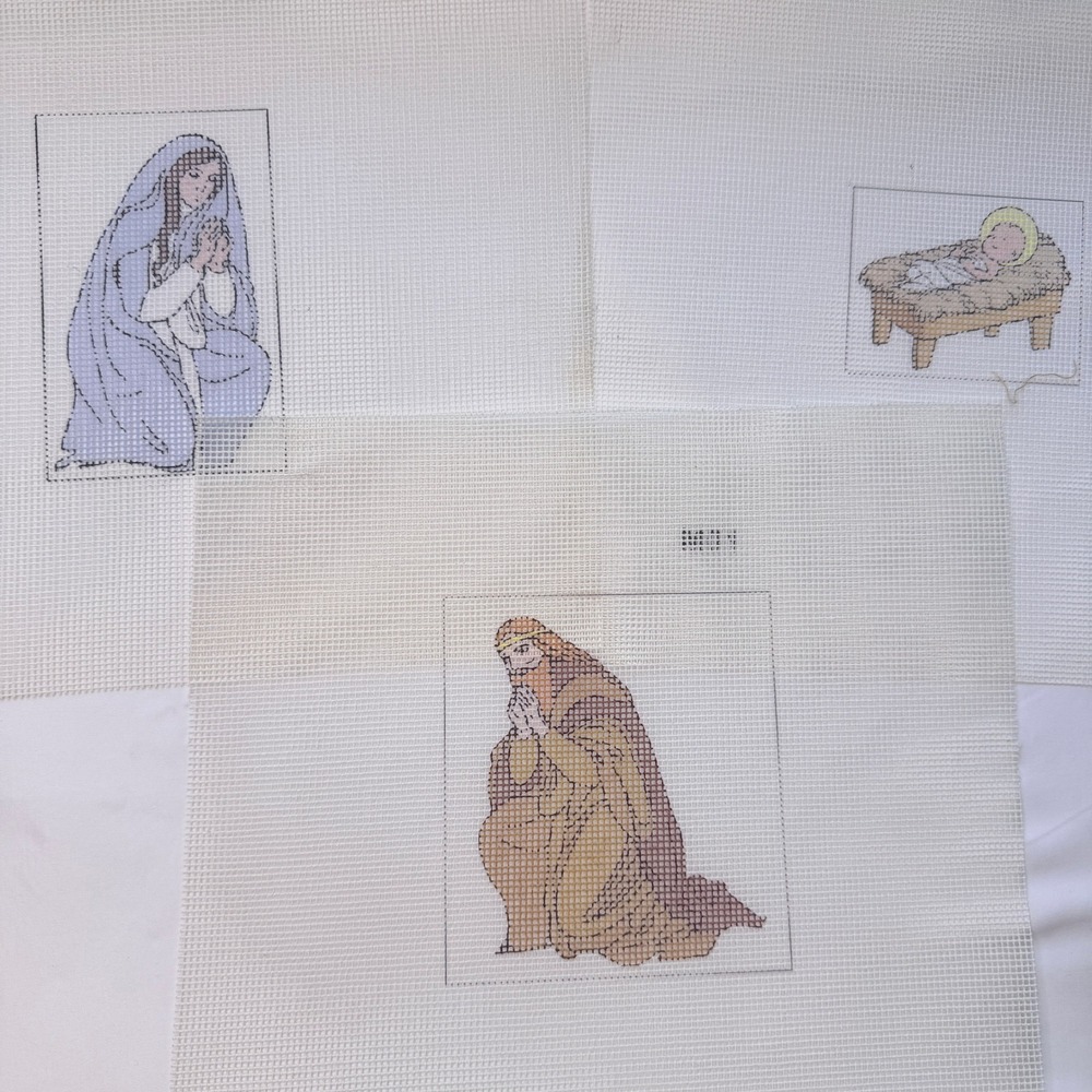 Vtg Nativity Needlepoint Canvas Lot Mary Joseph Jesus Wise Men Shepherds Donkey